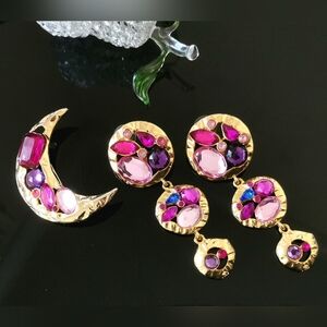 Vintage PARK LANE 1980’s Pin And Earrings Set -Bold Pink And purple Rhinestones